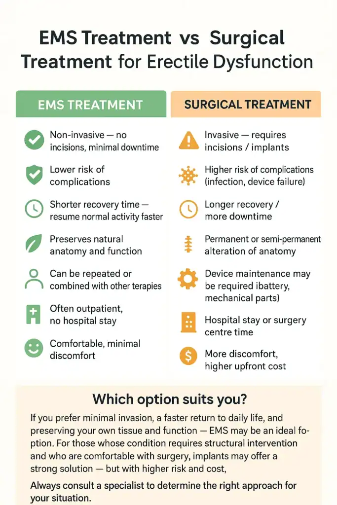 A table showing the benefits of EMS chair for erectile dysfunction treatment Bristol compared to surgery.