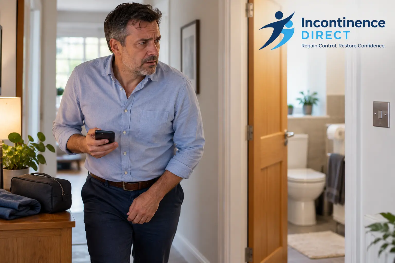 Worried Man Near Open Bathroom affected from faecal incontinence safety tips from incontinence direct Bristol