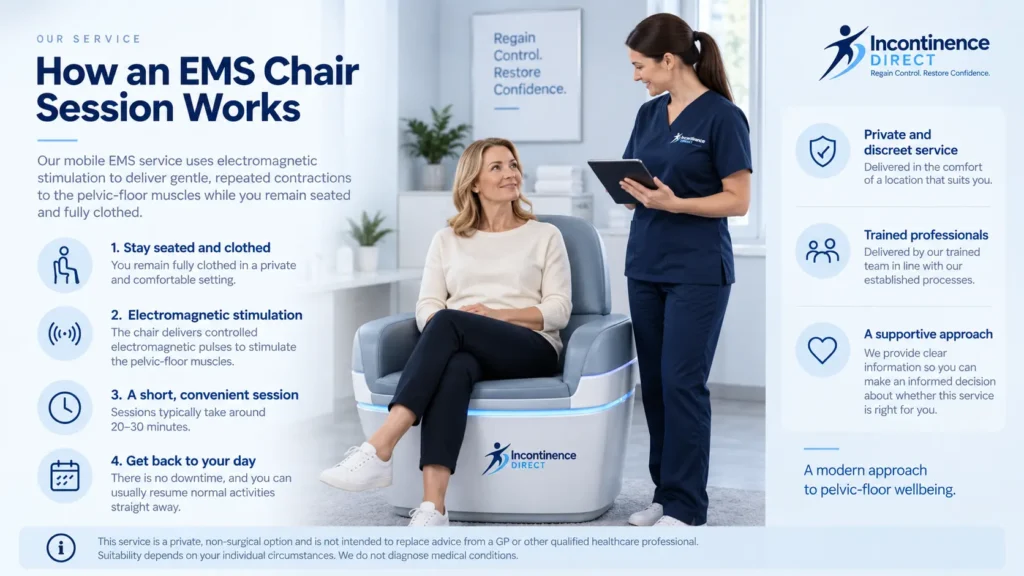 Illustration showing an EMS chair session at Incontinence Direct Bristol